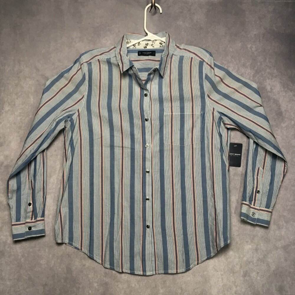 Lucky Brand Womens Button Up Long Sleeve Shirt size Large New w Tags Blue Stripe - Picture 15 of 16